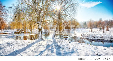 Stunning landscape with snowy trees, beautiful frozen river with reflection in water. Stunning landscape with snowy trees, beautiful frozen river with reflection in water. 120309637