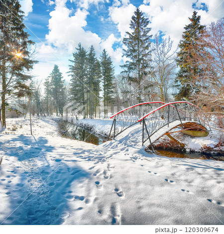 Fabulous landscape in city park with snowy trees and beautiful frozen river and footbridge Fabulous landscape in city park with snowy trees and beautiful frozen river and footbridge 120309674