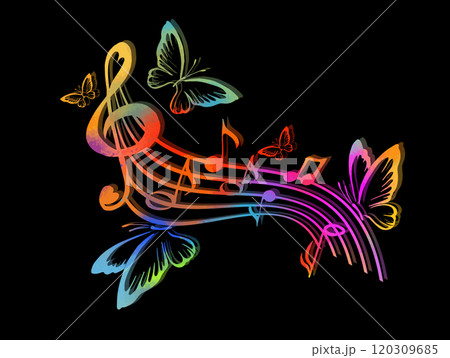 Music colored notes on wavy lines with butterflies, musical pattern, hand drawing on a black background. Not AI. Vector illustration. Music colored notes on wavy lines with butterflies, musical pattern, hand drawing on a black background. Not AI. Vector illustration. 120309685