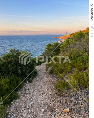 Lighthouse Stoncica at sunset light on island Vis, Croatia Lighthouse Stoncica at sunset light on island Vis, Croatia 120309915