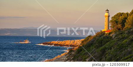 Lighthouse Stoncica at sunset light on island Vis, Croatia 120309917