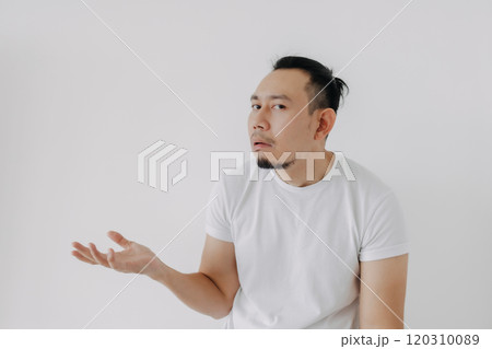 Shrug whatever face man in white t-shirt isolate on white. 120310089