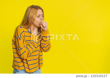 Unhealthy ill woman coughing with seasonal flu symptoms, sick, allergy, fever or viral infection Unhealthy ill woman coughing with seasonal flu symptoms, sick, allergy, fever or viral infection 120310127