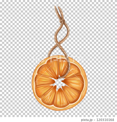 A Christmas tree toy made of dried orange on a string, an organic decoration for home and winter holidays. A handmade gift from organic materials. Sustainable new year and xmas. Isolated illustration A Christmas tree toy made of dried orange on a string, an organic decoration for home and winter holidays. A handmade gift from organic materials. Sustainable new year and xmas. Isolated illustration 120310168