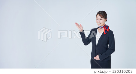 案内のポーズをするスーツ姿の女性 案内のポーズをするスーツ姿の女性 120310205
