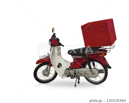 side view old red and white motorcycle, plastic box placed at the back of the motorcycle seat on white background, object, transpotation, technology, copy space 120310364