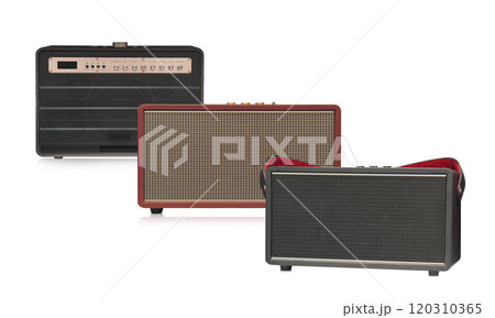 three rectangular loudspeaker stack on white background, technology, object, fashion, modern, decoration, copy space 120310365