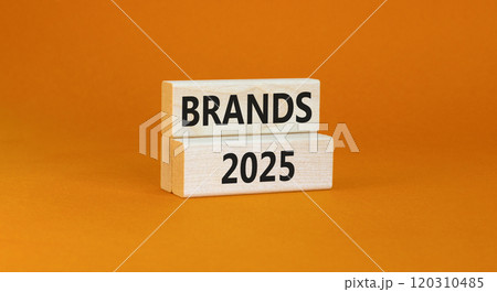 Planning brands 2025 new year symbol. Concept words Brands 2025 on beautiful wooden blocks. Beautiful orange background. Business brands 2025 new year concept. Copy space. 120310485