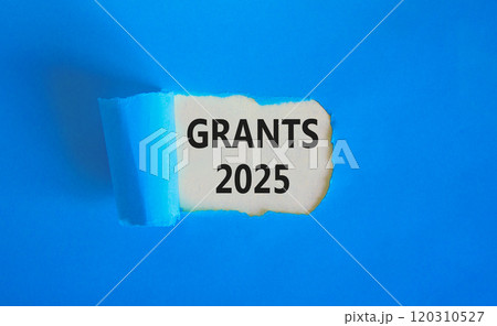 Planning grants 2025 new year symbol. Concept words Grants 2025 on beautiful white paper. Beautiful blue paper background. Business grants 2025 new year concept. Copy space. 120310527