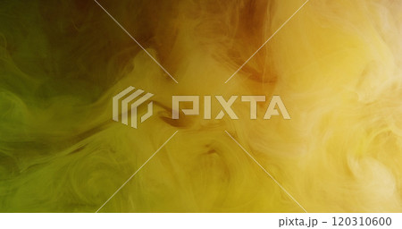 Underwater ink. Vapor flow. Yellow green color splash mist floating texture wave swirl spreading abstract background. 120310600