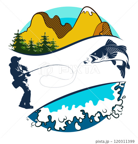 A fisherman with a fishing rod catches fish against the backdrop of mountains and water A fisherman with a fishing rod catches fish against the backdrop of mountains and water 120311399