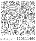 A set of hand-drawn black doodles of Christmas and winter elements:  a knitted sweater, a scarf, socks, mittens, present, and other winter objects. 120311460