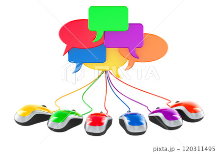 Colored speech bubbles connected with computer mouses, 3D rendering 120311495