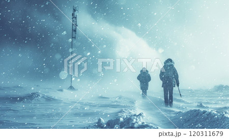 Polar expedition during storm in mist, frozen people walking on snow background. Concept of arctic exploration, frost, antarctica, winter 120311679