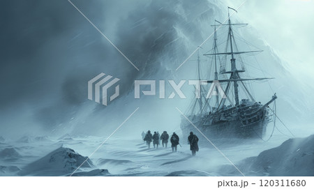 Polar expedition during storm, frozen sailing ship and people walking on snow background. Concept of arctic exploration, frost, antarctica, winter, 120311680