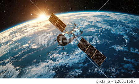 Orbiting satellite with solar panels flying in space on background of sun and Earth planet. Concept of weather, globe, climate change, science 120311687