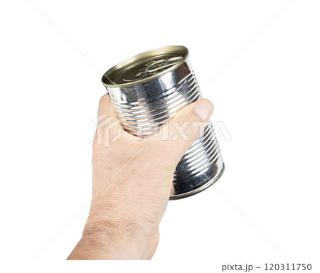 a metal food jar in the hand 120311750