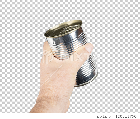 a metal food jar in the hand 120311750