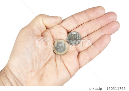 a 1 euro coin and a 1 Moldovan Leu coin a 1 euro coin and a 1 Moldovan Leu coin 120311763
