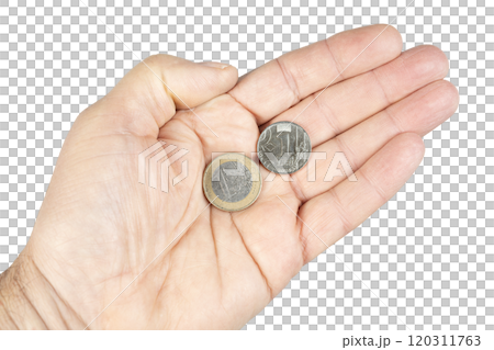 a 1 euro coin and a 1 Moldovan Leu coin a 1 euro coin and a 1 Moldovan Leu coin 120311763