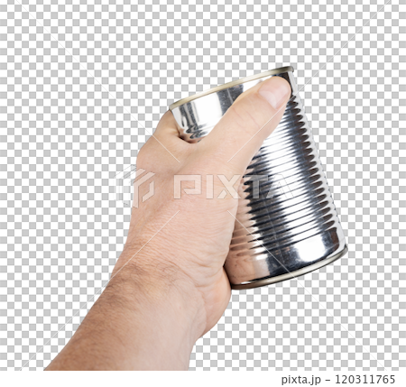 a metal food jar in the hand 120311765