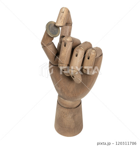 Euro coins in a wooden hand 120311786