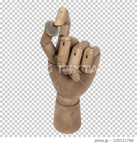 Euro coins in a wooden hand 120311786