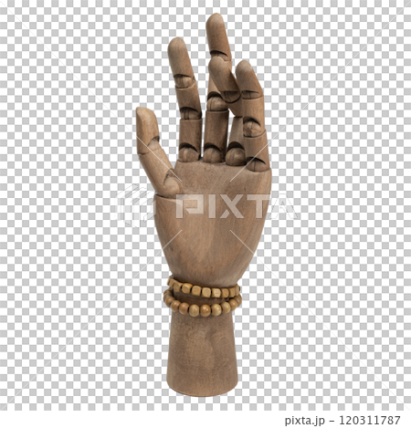 wooden hand with two wooden bracelets 120311787