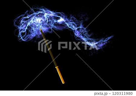 Realistic magic wand and and enchanted blue lights. Multicolored glowing plume of smoke, black abstract tansparent effect. Cartoon sorcery stick isolated. Celebration symbol. Png 120311980