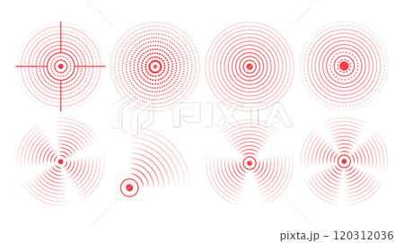 Set of red  rings with sound waves, interrupted lines and dots. Rings with radial lines. Radar icon, targets, 120312036