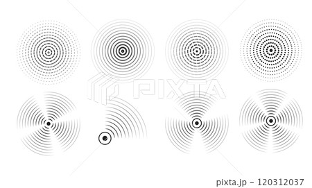Set of black rings with sound waves, interrupted lines and dots. Rings with radial lines. Radar icon, targets, epicenter. Concentric vortex circles. Vector illustration 120312037