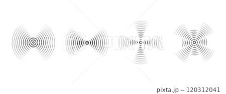 Set of black rings with sound waves, interrupted lines and dots. Sonar rings with radial lines. Radar icon, target, epicenter. Vector concentric vortex circles. Set of black rings with sound waves, interrupted lines and dots. Sonar rings with radial lines. Radar icon, target, epicenter. Vector concentric vortex circles. 120312041