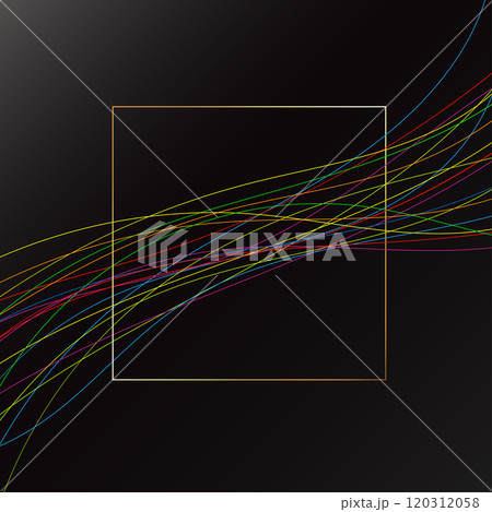 Colored wave threads and golden square on black abstract background Colored wave threads and golden square on black abstract background 120312058