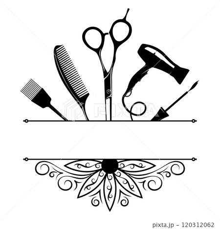 Comb scissors hair dryer and curl of hair, beauty salon banner sign Comb scissors hair dryer and curl of hair, beauty salon banner sign 120312062