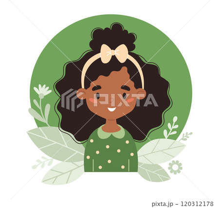Cute happy black ethnic girl child with curly hairstyle. Eco friendly clothing and ecology. Recycle and environmental care. Vector illustration 120312178