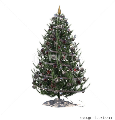 Christmas tree with decorations, isolated on white background, 3D illustration, cg render Christmas tree with decorations, isolated on white background, 3D illustration, cg render 120312244