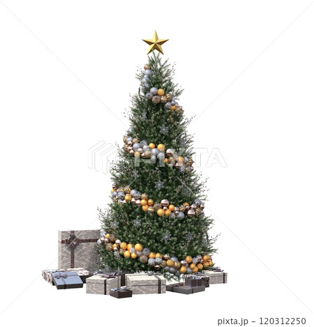 Christmas tree with decorations, isolated on white background, 3D illustration, cg render 120312250