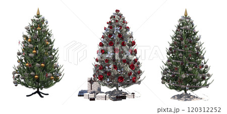 Christmas tree with decorations, isolated on white background, 3D illustration, cg render Christmas tree with decorations, isolated on white background, 3D illustration, cg render 120312252