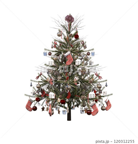 Christmas tree with decorations, isolated on white background, 3D illustration, cg render 120312255