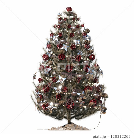 Christmas tree with decorations, isolated on white background, 3D illustration, cg render Christmas tree with decorations, isolated on white background, 3D illustration, cg render 120312263