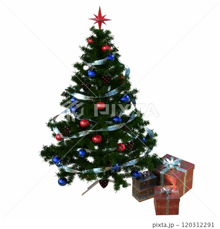 Christmas tree with decorations, isolated on white background, 3D illustration, cg render Christmas tree with decorations, isolated on white background, 3D illustration, cg render 120312291