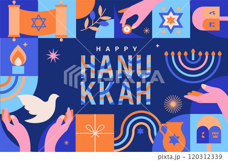 Happy Hanukkah greeting card, banner, flyer. 120312339