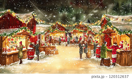 Christmas Watercolor painting of festive European Market at Night with Wooden Stalls Fairy Lights Mulled Wine and Gently Falling Snow, generative ai 120312637