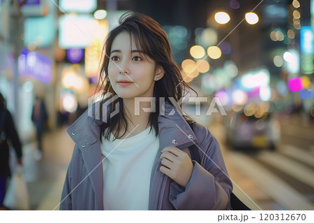 ジュアルなコート姿の女性と光あふれる夜景 120312670