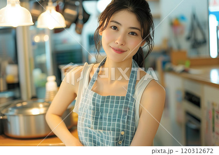 エプロン姿で微笑む料理中の女性 120312672
