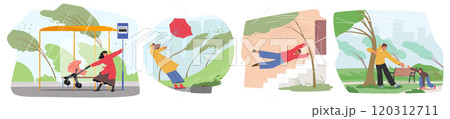 Male and female characters suffering from strong wind, rainfall weather natural disasters set 120312711