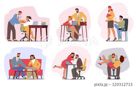 Set of situations of unwanted attention, sexual harassment and abuse behavior at work office 120312713