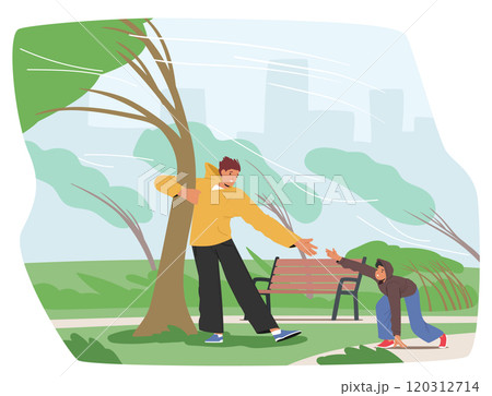 Father and son fighting with strong wind trying to save lives clinging tree trunk in city park 120312714