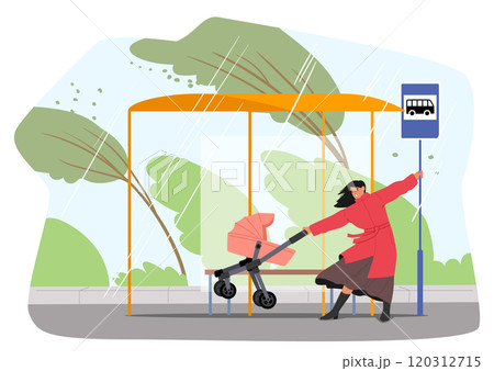 Young mother with baby stroller pushed by strong wind hiding under covered bus stop from rainfall Young mother with baby stroller pushed by strong wind hiding under covered bus stop from rainfall 120312715