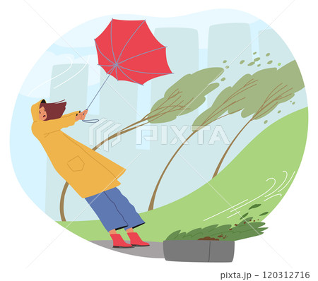 Young woman character holding umbrella broken with strong blowing wind while walking in city park Young woman character holding umbrella broken with strong blowing wind while walking in city park 120312716